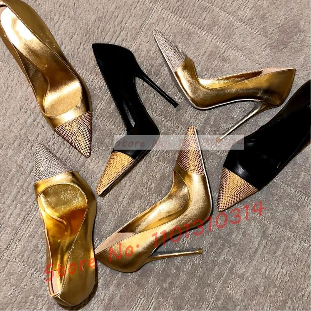 

Crystal Pointy Toe Pumps Women Luxury Patchwork Gold Metallic Leather Sexy High Heels Shoes Office Ladies Outfit Stiletto Pumps