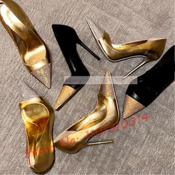 Crystal Pointy Toe Pumps Women Luxury Patchwork Gold Metallic Leather Sexy High Heels Shoes Office Ladies Outfit Stiletto Pumps