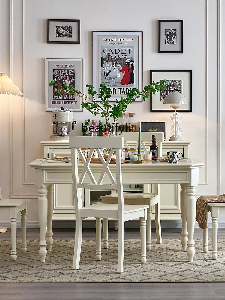 

American Solid Wood Dining Table and Chair Cream Style White Modern Simple Rectangular Dining Table Restaurant Home