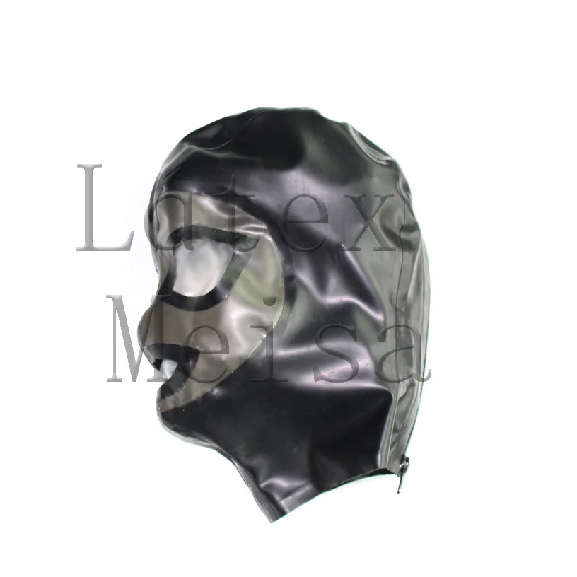 

Transparent black Latex hoods open eyes and mouth for adults with back zipper