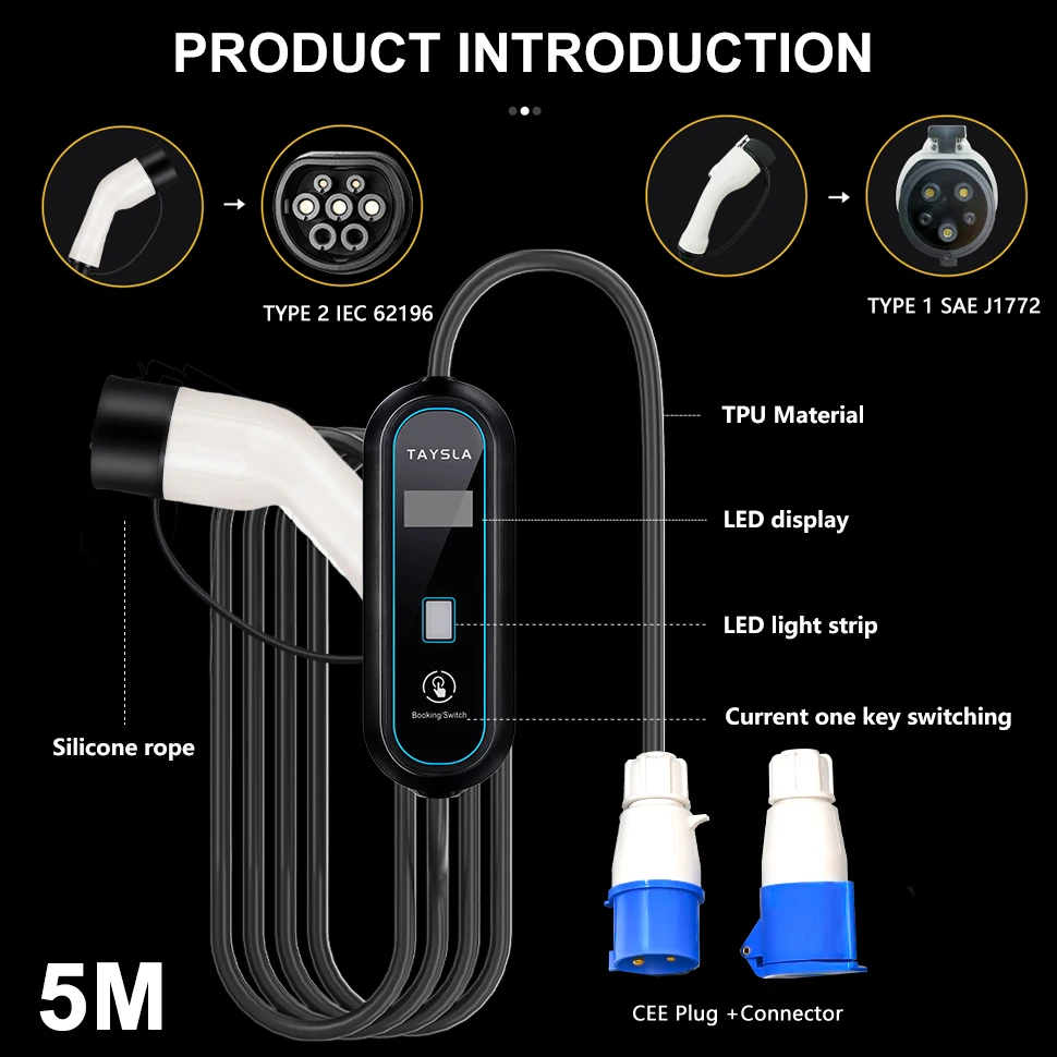 TAYSLA 7KW 32A EV Charger Type 2 TYPE 1 Electric Car Charger 5M Cable 80-260V CEE Plug GBT Compatible with All Electric Vehicles