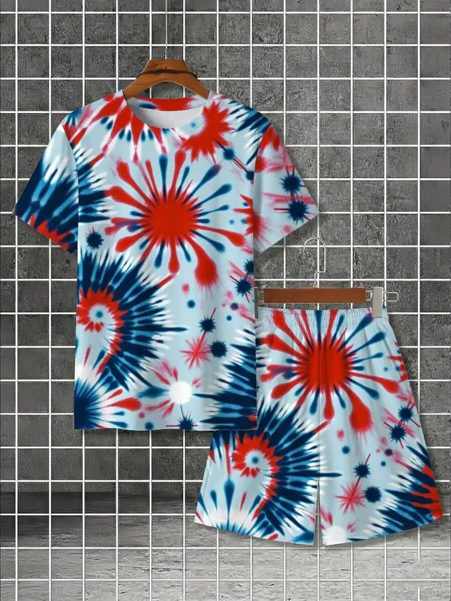 

Mens 2-Piece Summer Set: Short Sleeve Tee & Shorts With Vibrant Red Blue White Tie-Dye Burst Print On Light Blue Background