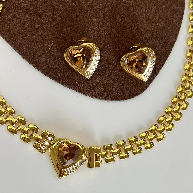 French Style Stainless Steel Heart Citrine Jewelry Set 18K Gold PVD Plated Cuban Figaro Chain Choker/Ear Stud Anti-rust Jewelry