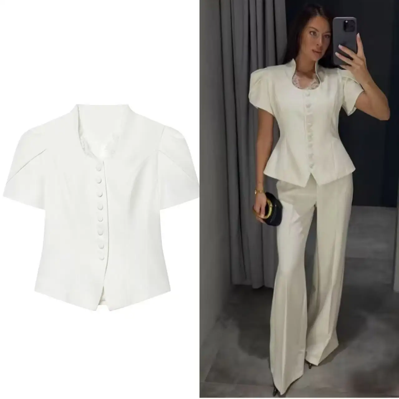 Guobioziy Lace Patchwork Women's Short Top with Single-Breasted Short Sleeves 2026 Spring/Summer Street Fashion Women's Top