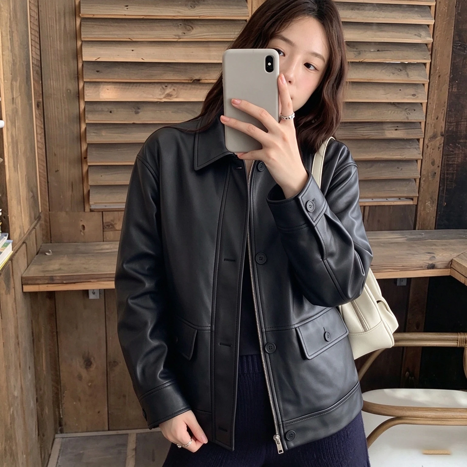 Casual Style PU Leather Jacket Women's Spring Autumn New Loose Fit Zipper Pocket Slimming Collar Coat Fashionable Outerwear