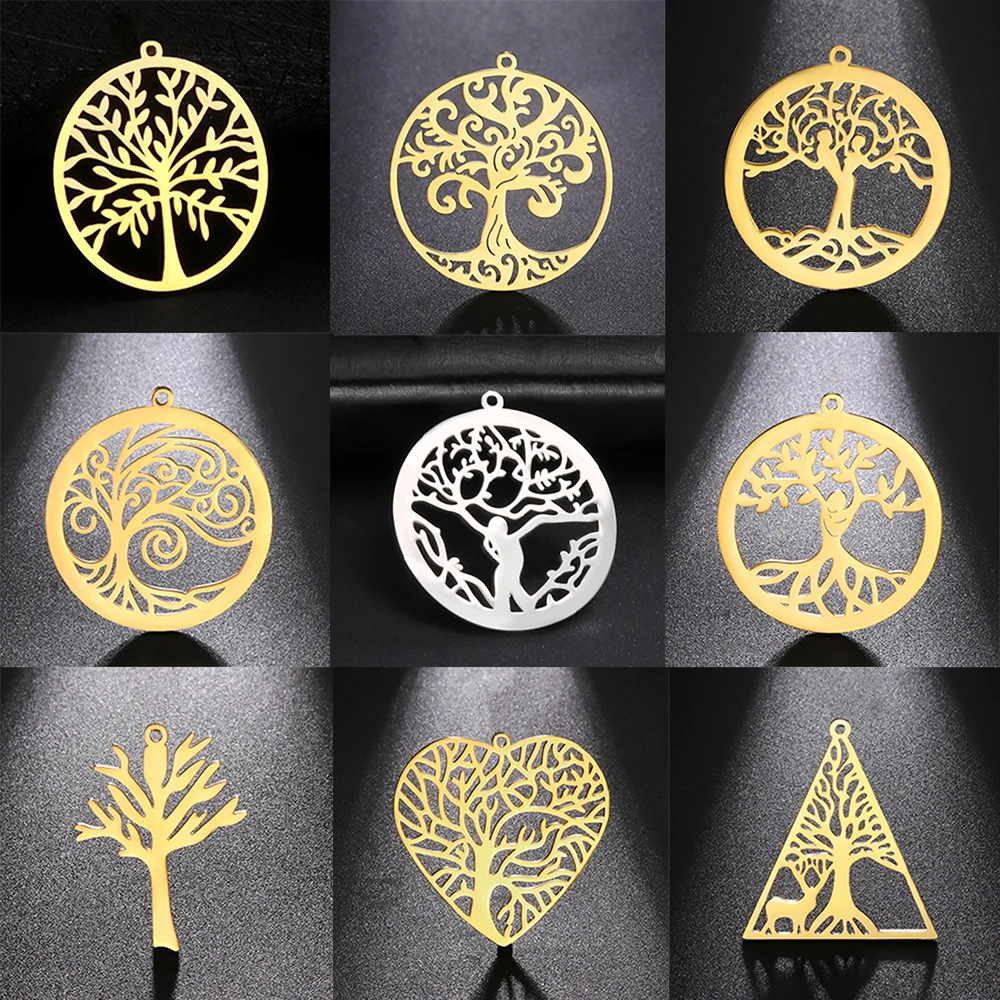 EUEAVAN 5pcs Amulet Stainless Steel Tree of Life Pendant for Women Men Necklace Charms Vintage Jewelry Making Supplies Wholesale