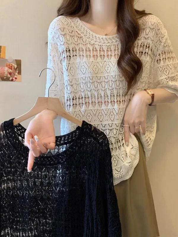 

Slimming Ice Silk Half Sleeve Knitted Top Women's Summer 2025 New plus Size Hollow out Knitwear Korean Style Loose Fit