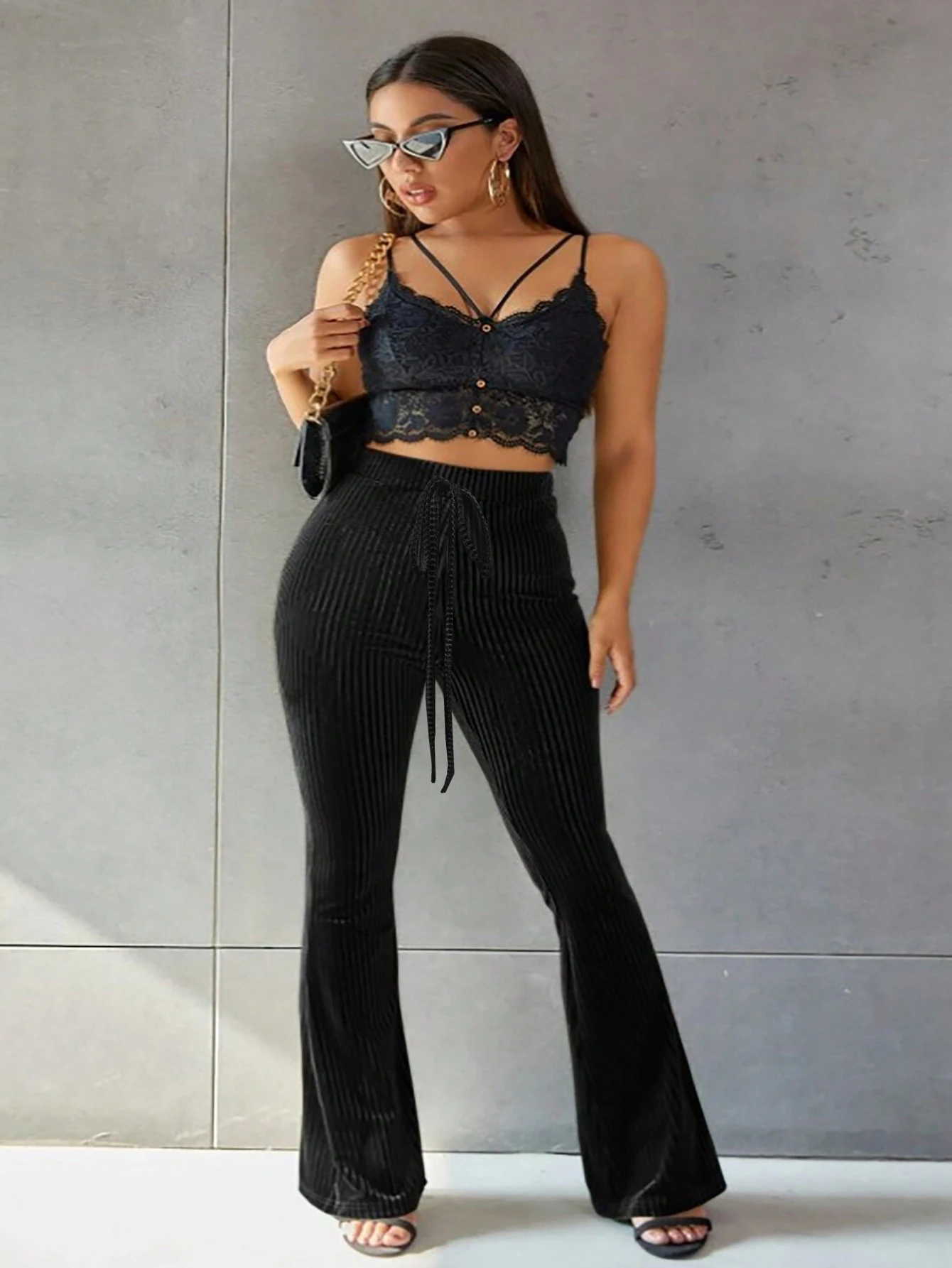 European and American fashionable and sexy solid color high waist gold velvet pit flared pants