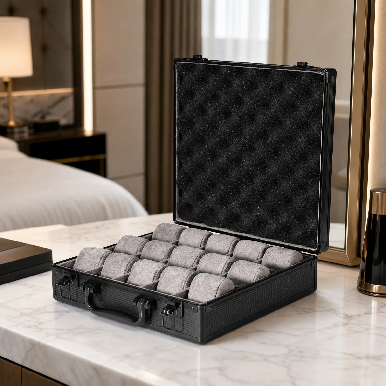 Hard-Shell Watch Case with Carry Handle Hardshell 15-Slot Watch Display Case Snug Fit Dust-Protected