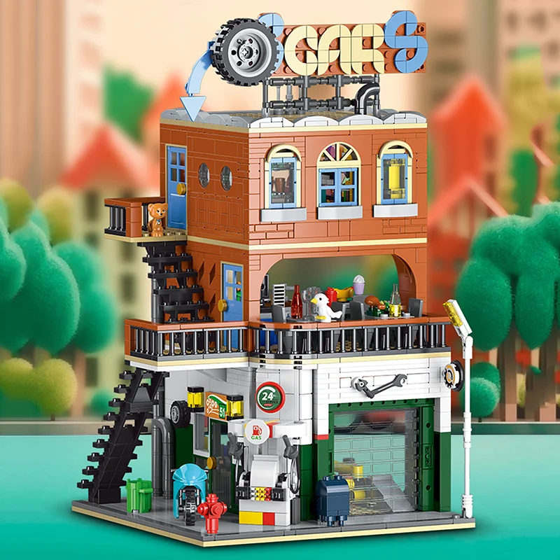 Set di blocchi da costruzione per negozio di riparazioni auto di architettura cittadina, modello MOC Modern House Street View, con luci, regali di giocattoli per bambini e adulti