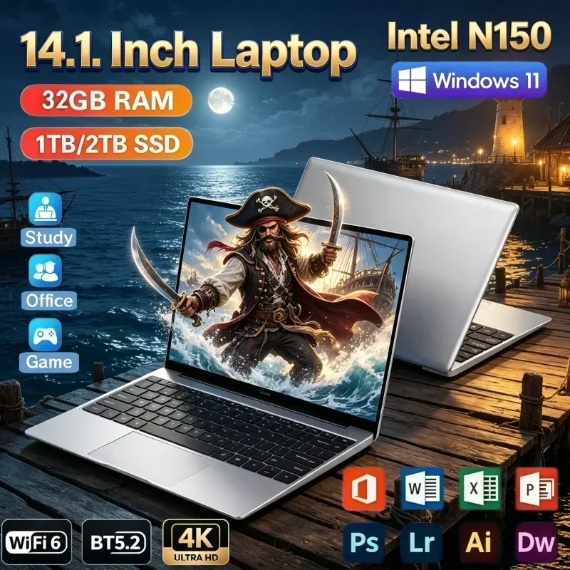 Hot Selling 14.1'' Ultra Slim Laptop Intel N150 Processor 32GB RAM 2TB SSD Windows11 Office Study Home Gaming PC