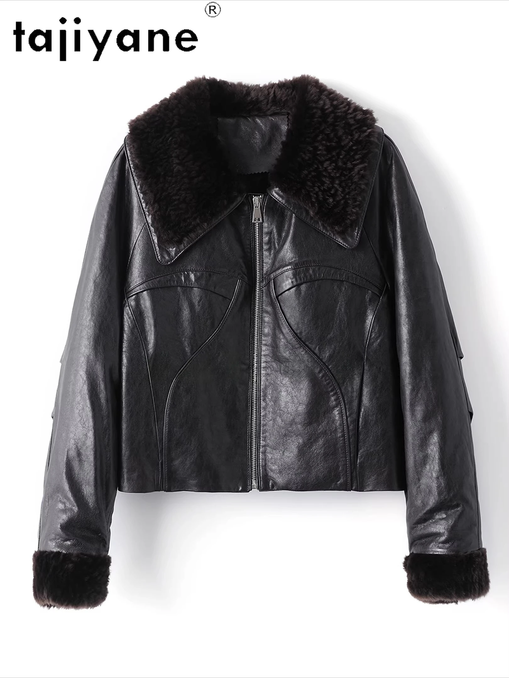 TAJIYANE Ölwachs-Schaffell-Gänsedaunenjacke für Damen, kurze Pufferjacken aus echtem Leder, Wollkragen-Mantel, 2025, Winterkleidung ), Pinter