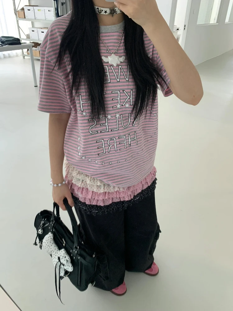 Coréen Sle rétro rayé lettre impression ronde Ne ort Sve T-shirt femmes été léger coton coupe ample pur coton...