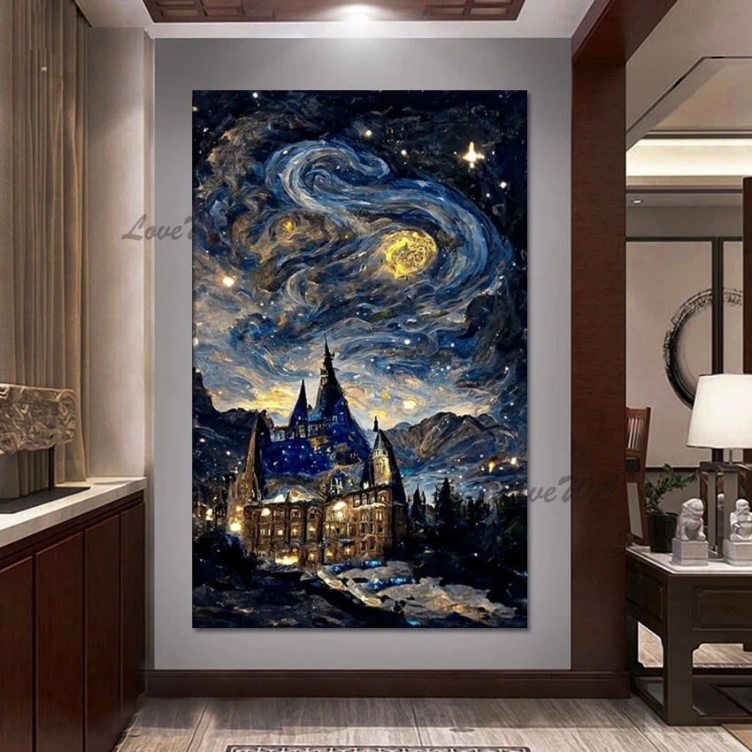 Castle Building Abstract Oil Painting Frameless Canvas Wall Modern Art Starry Night Sky 3d Picture Beautiful Scenery Drawing