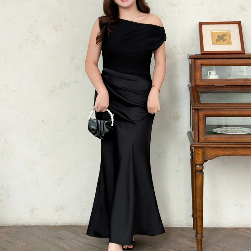 

Платье-русалка XXXXL Fashion Plus Size для женщин, премиум-класса, из сетки и атласа, облегающее, без рукавов, длинное, с эффектом хвоста русалки, модель 9534