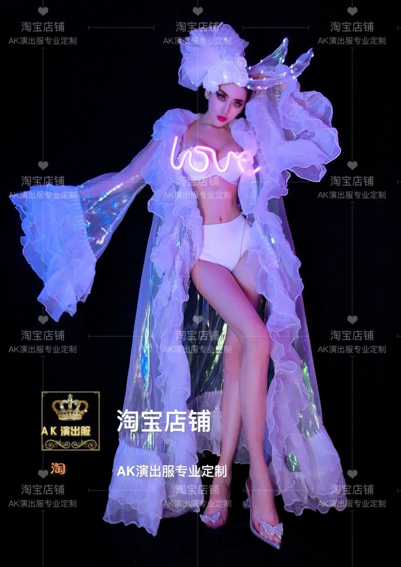 

JK Sexy Performance Hot Cos Female Valentine's Day White Yarn Lace LED Illusion Color Perspective Long Jacket Singer Dance Party