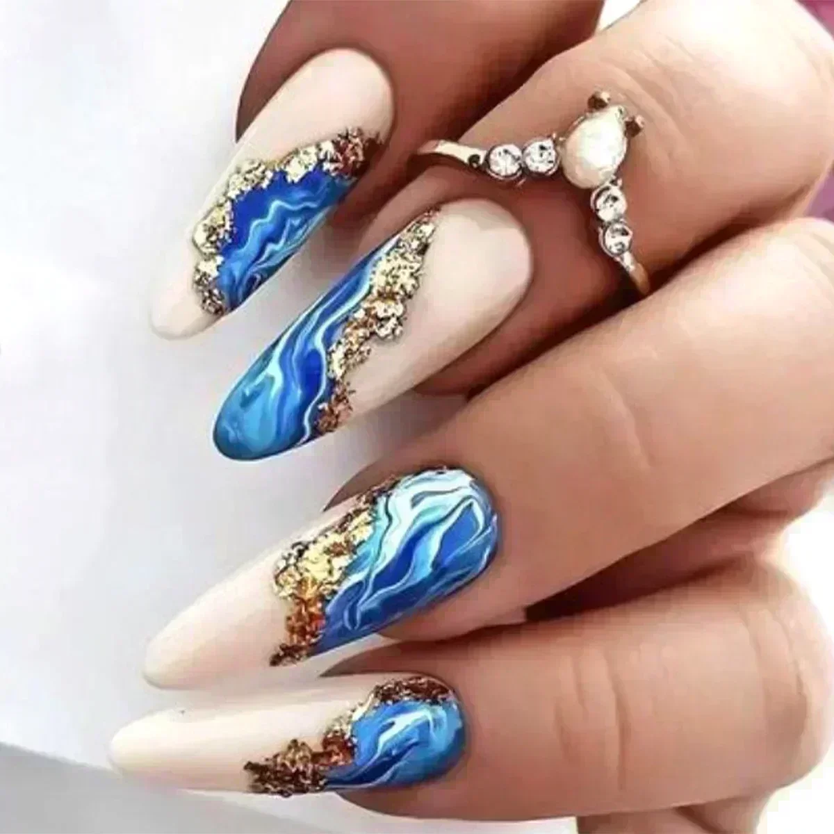 24 pçs longo stiletto imprensa em unhas caixa acrílico unhas falsas com desenhos de amêndoa folha de ouro preto francês cobertura completa dicas de