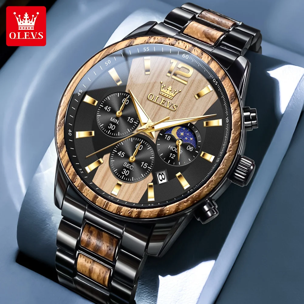 OLEVS 3645 Original Quartz Men Watch Elegance Moon Phase Dial Calendar Window Solid Wood Strap HD Luminous 30m Waterproof Watch