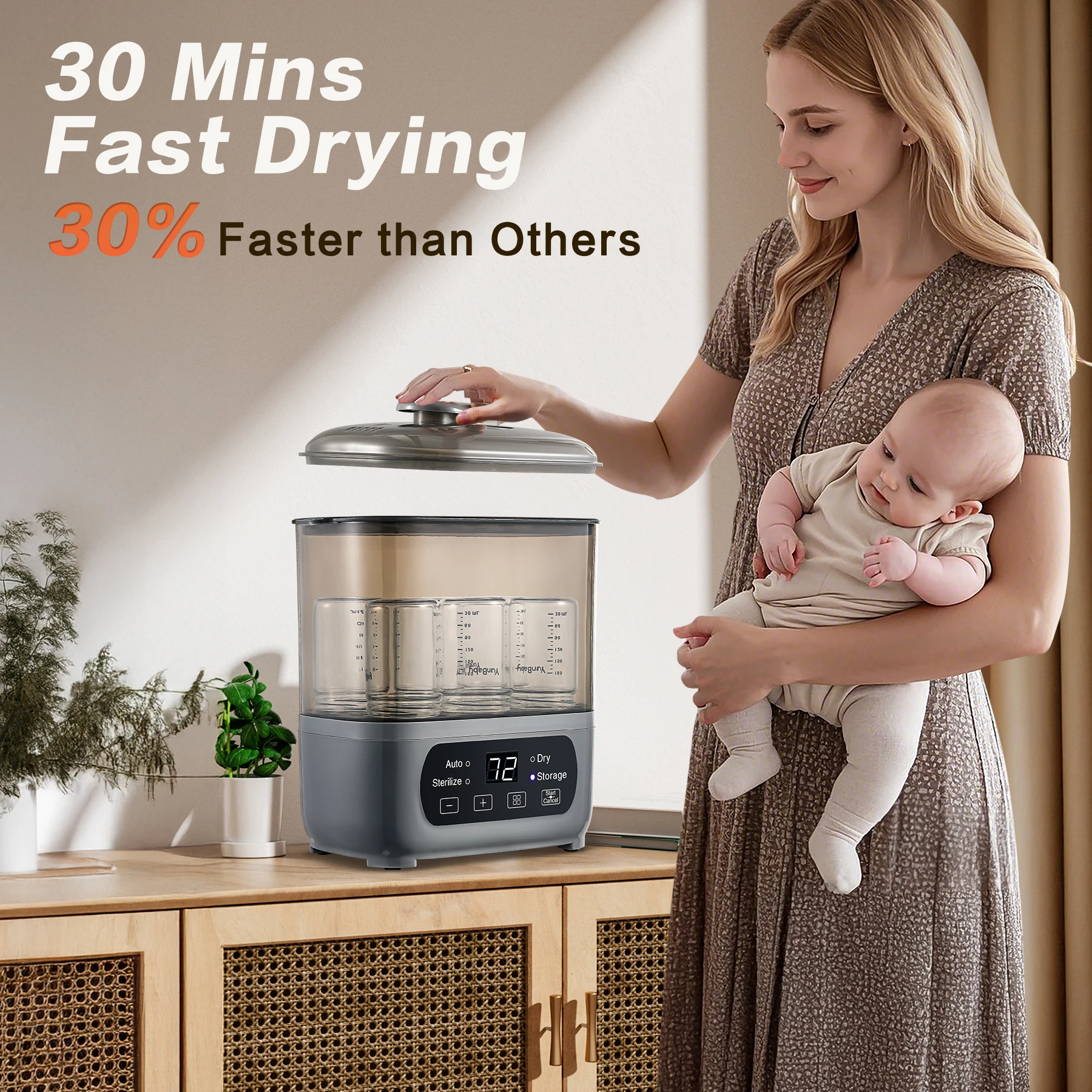 Almacenamiento 4 en 1 72H, 30 minutos de secado, 6 botellas + accesorios, 99,99% sin gérmenes ‌   Esterilizador y secadora de biberones