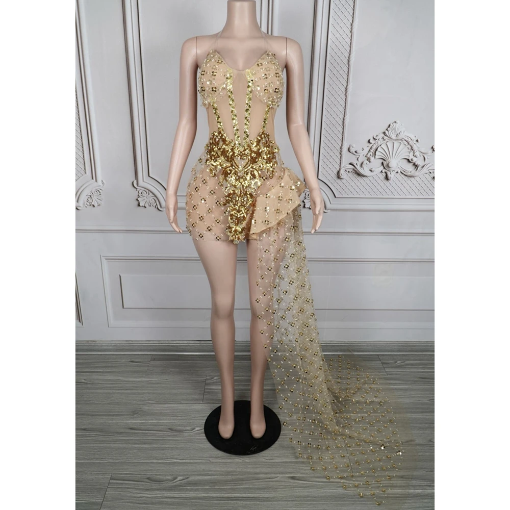 

Sparkly Gold Sequins Pearls Slip Bodysuit Long Sheer Tail for Women Sexy Evening Prom Celebrate Birthday Dress Photoshoot Wear