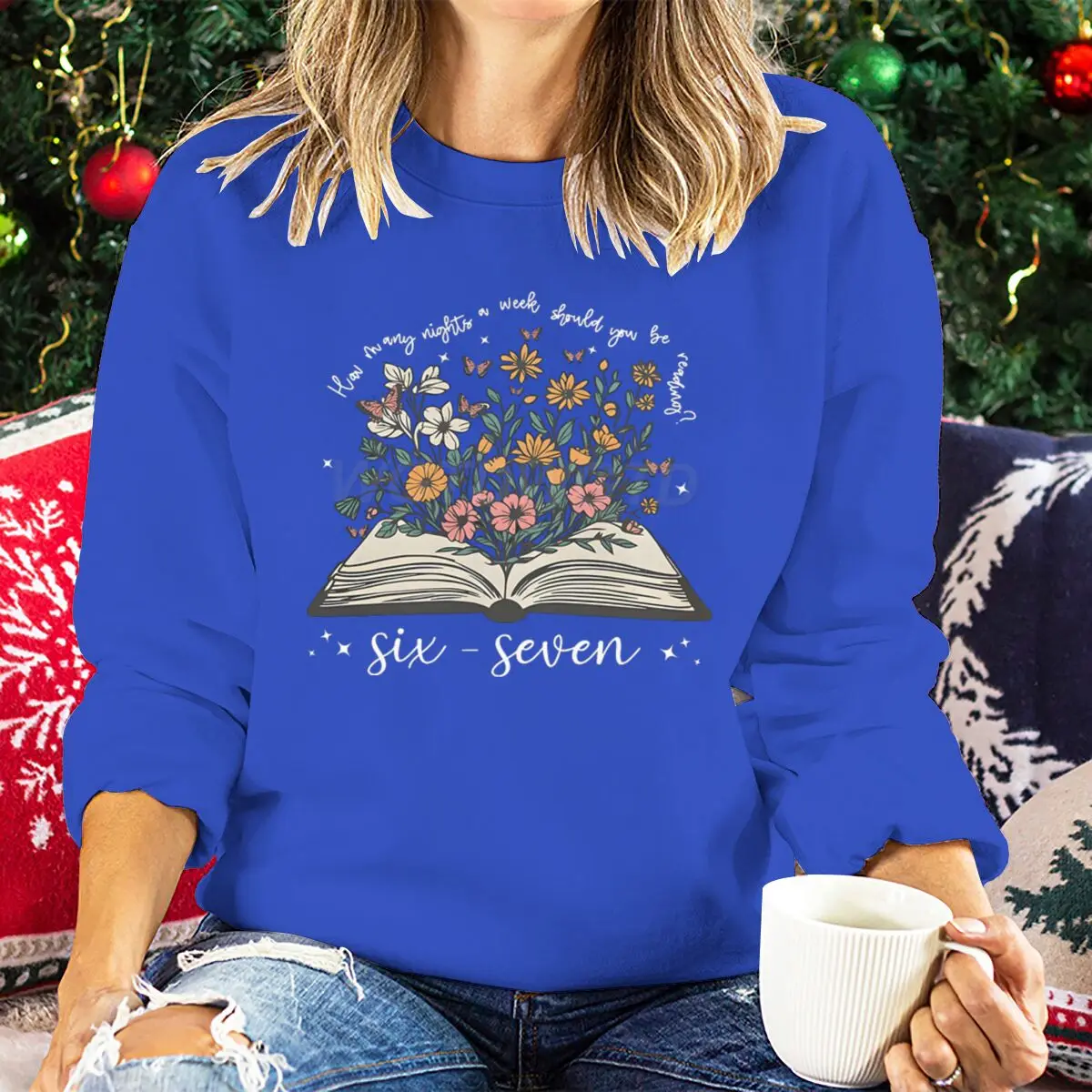 Book and Flower Graphic Sweatshirts Reading Book 6 7 Memes Funny Sweater Long Sleeve Pullovers Book Lover Six Seven Clothing