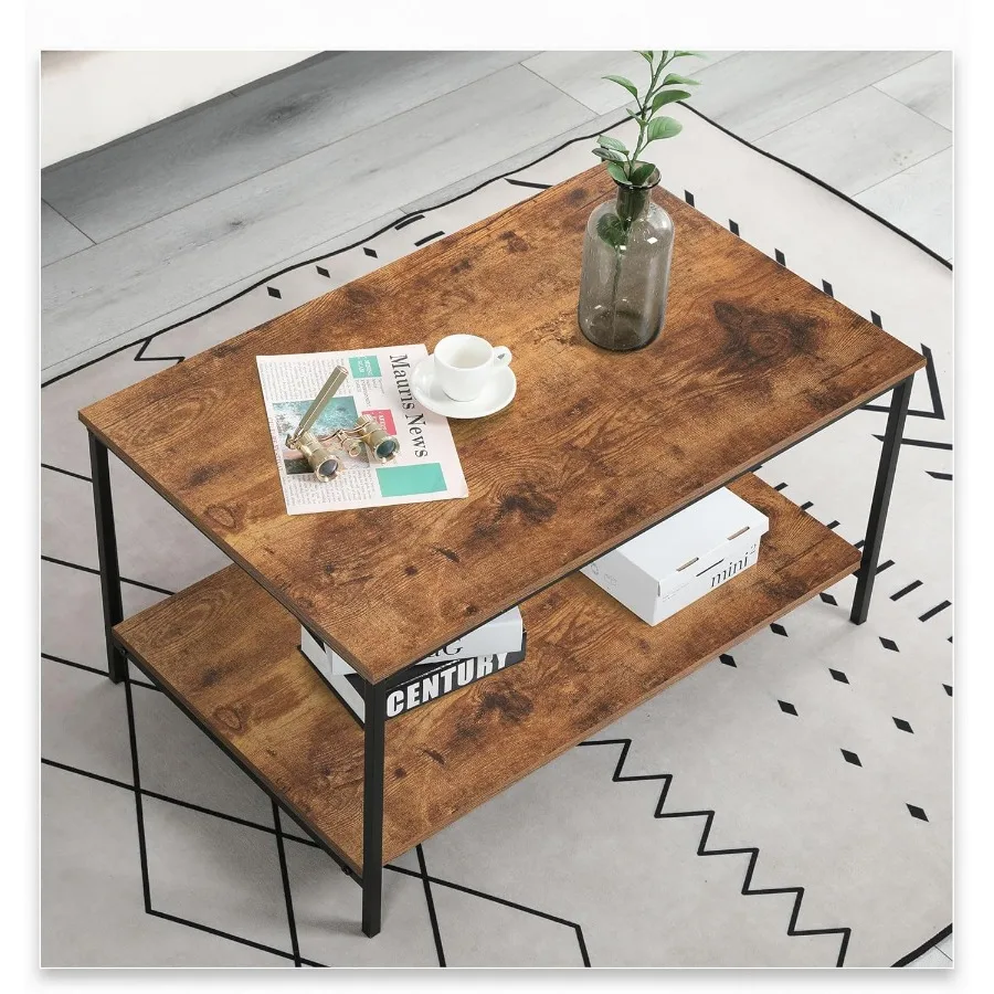 木製と金属のデザインを組み合わせたコンパクトなブラウンの長方形コーヒーテーブル、収納棚付き、小さなリビングルームに最適