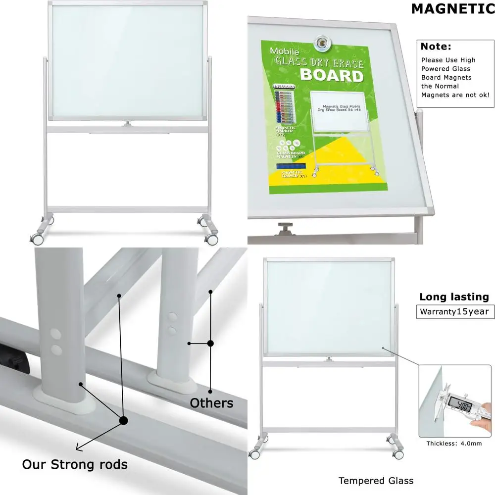 سبورة بيضاء زجاجية مغناطيسية كبيرة الحجم مع سطح وعجلات للمسح الجاف، 48 × 36 #1