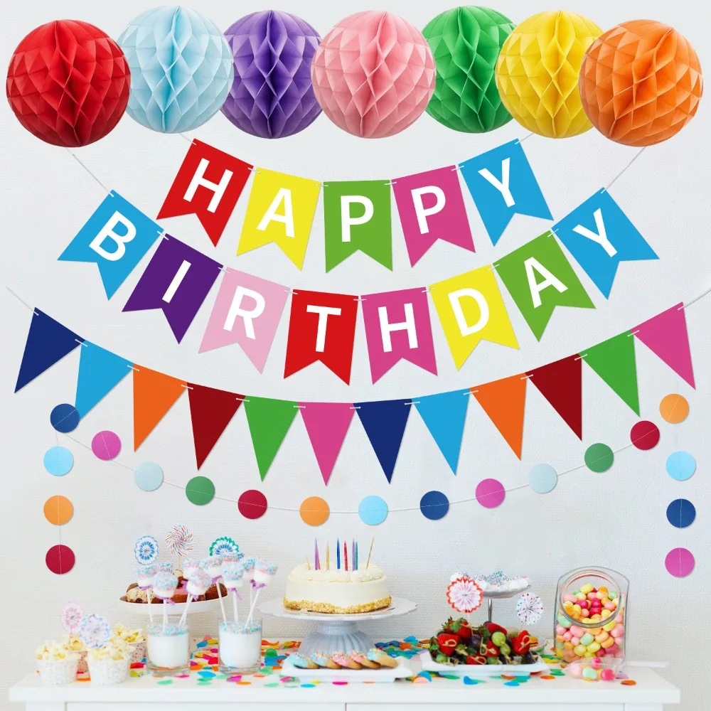 1 Set of Birthday Party Banners, Holiday Party Decorations, Colorful Round Flags, Letter Bunting, Triangular Flags, Honeycomb Party Decorations for Scene Setup