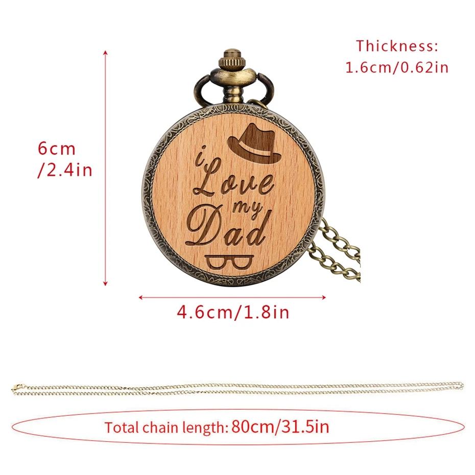 I Love You My Dad Best Papa Engraved Text Quartz Pocket Watch Necklace Chain Male Wooden Watch Father's Birthday Gifts for DAD