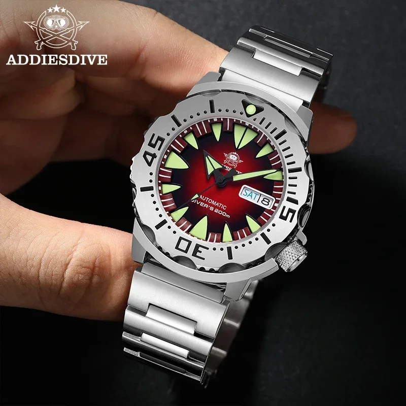 ADDIESDIVE Stainless Steel Diver Monster Automatic Watch Sapphire 200M Waterproof Super Luminous Dress Men Mechanical Wristwatch