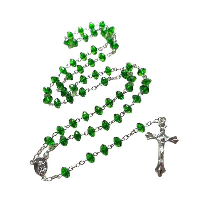 Christian Green Stones Rosary Necklace Church Jewelry Sweater Chain Accessory