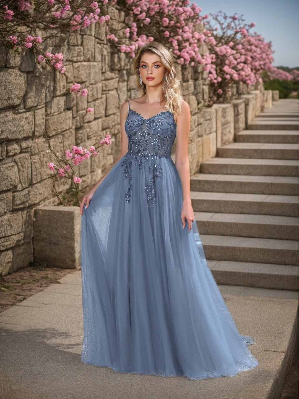 

Sexy Split Sling Dresses Spaghetti Straps V-Neck Lace Applique V-Backless Prom Gowns Tulle A-Line Floor-Length Evening Dress