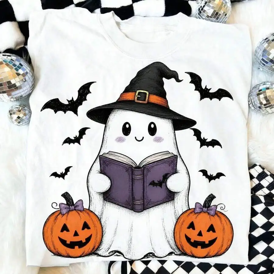 Women's Halloween Cute Reading Ghost Graphic Print T‑Shirt Crew Neck Short Sleeve Fall Casual Tee Top