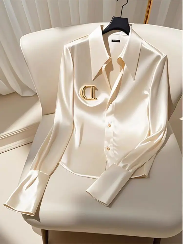New Satin blouses single-breasted long OL Office Ladies Elegant blouses French Solid blouses Korean Chic Tops