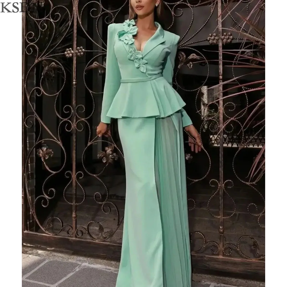 

KSDN Customzied Mint Green Evening Dresses Special Occasion Sweetheart Long Sleeve Dress Elegant Women Appliques Gwons Vestidos