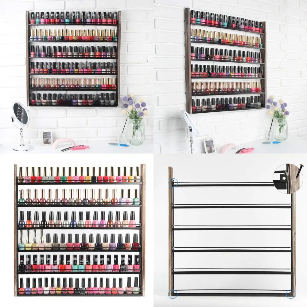

Rustic Wooden Nail Polish Organizer with 6-Tier Wall Mount Rack for 100 Bottles, Ideal Storage for Nail Salons and Bedrooms - MK