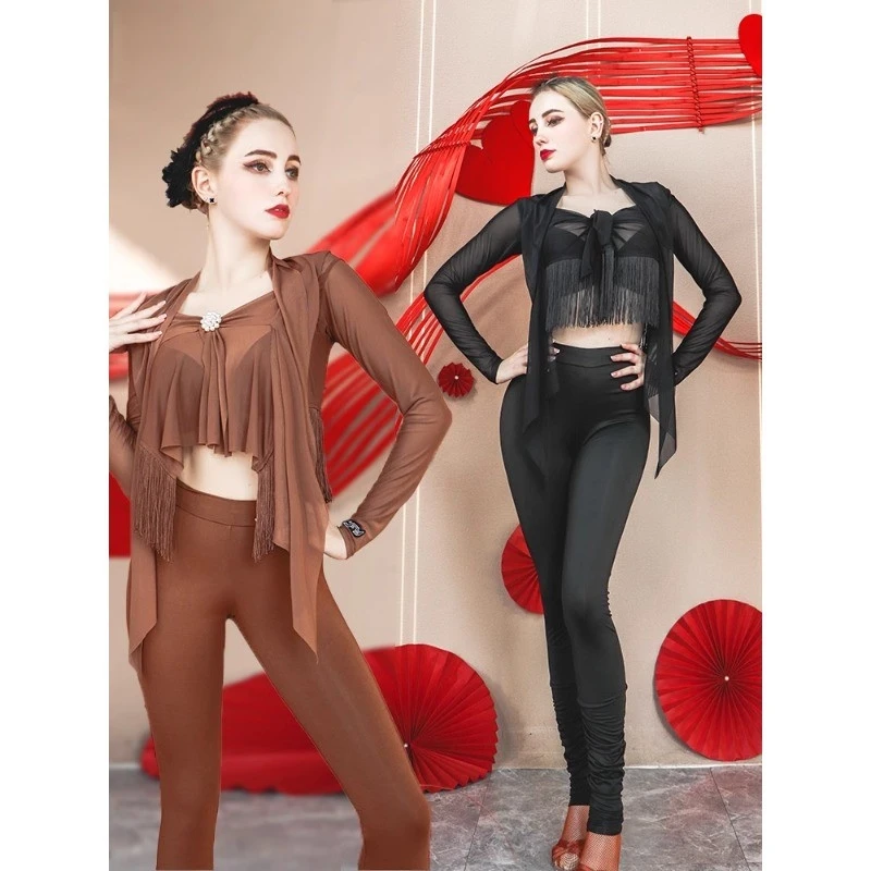 New Latin Dance Outfit With Two Tops For Training Elastic Slim Fit Pants Set ADL143