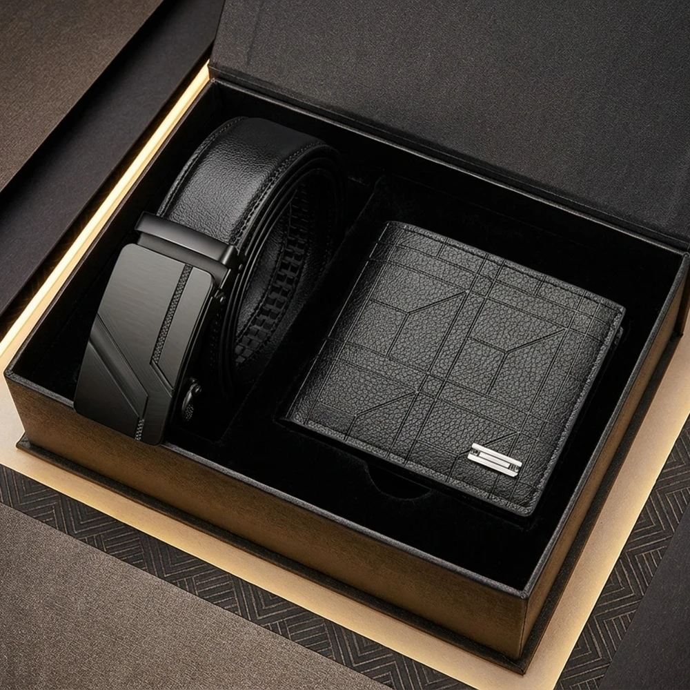 

2pcs Fashionable Men's Belt Wallet Set High Quality Retro Men's Automatic Buckle Business Belt Best Choice For Gift Giving