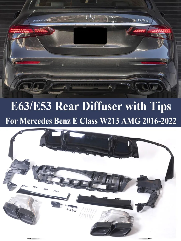 Rear Bumper Lip Diffuser Spoiler With Exhaust Tips For Benz E Class W213 2016-2022 E200 E260 E300 AMG Sedan E63 E53 Look Style