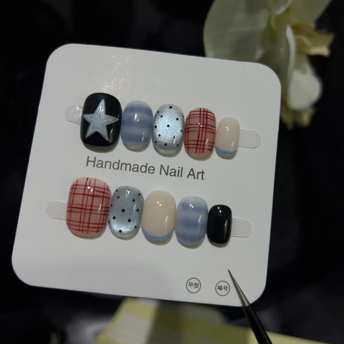 

10pcs Handmade Press on Nails Blending Hand-Painted Star Grid Polka Dots Full Coverage Nail Tips for Women&Girl Removable Nail