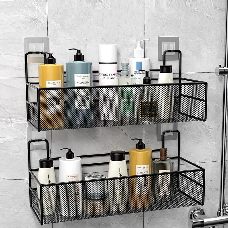 Bathroom Shelf Makeup Storage Organizer Alloy Shampoo Rack Shower Shelf No Drill Wall Shelf  With Suction Cup