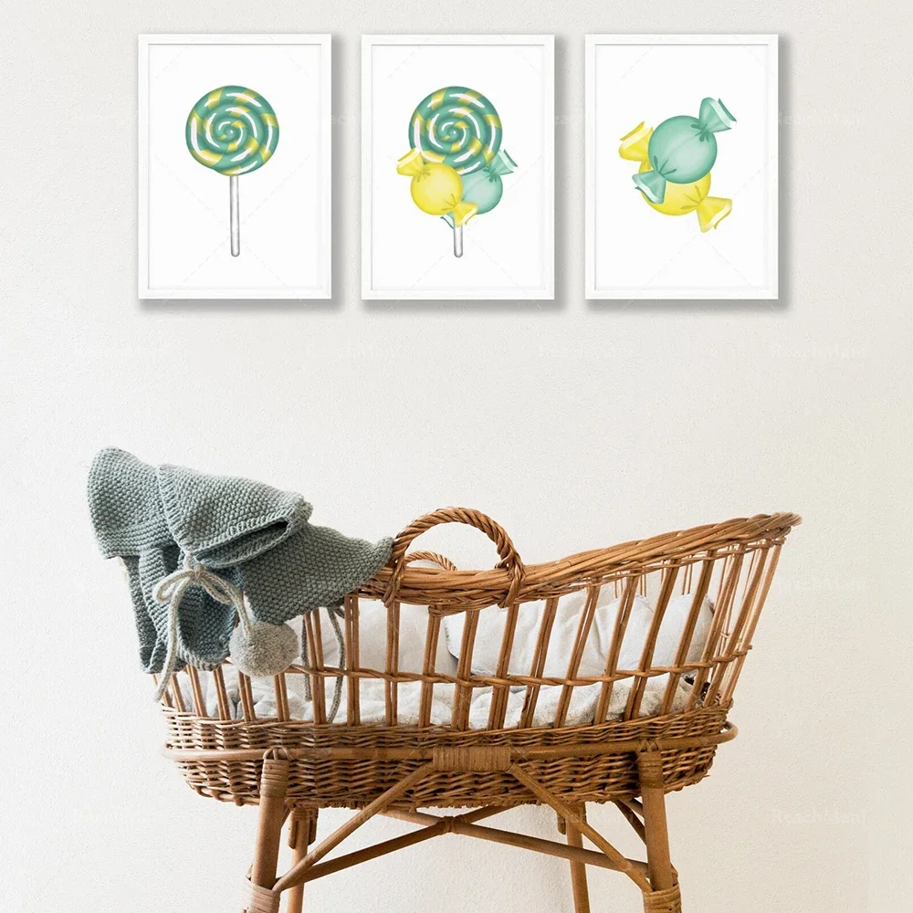 Fiesta infantil, dibujo imprimible, piruleta, arte dulce, rosa verde amarillo, cartel de decoración de habitación infantil, regalo para el día del niño