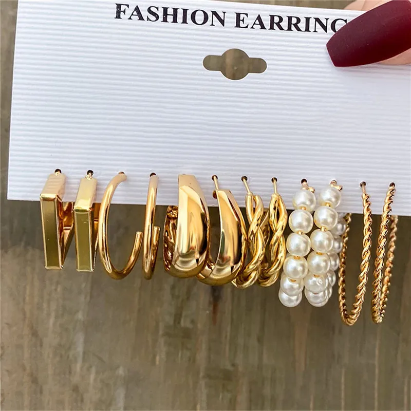 Silver Color Twist Hoop Earrings Set Brincos Heart Pearl Hoops Vintage Metal Geometric Earrings for Women 2023 Trendy Jewerly