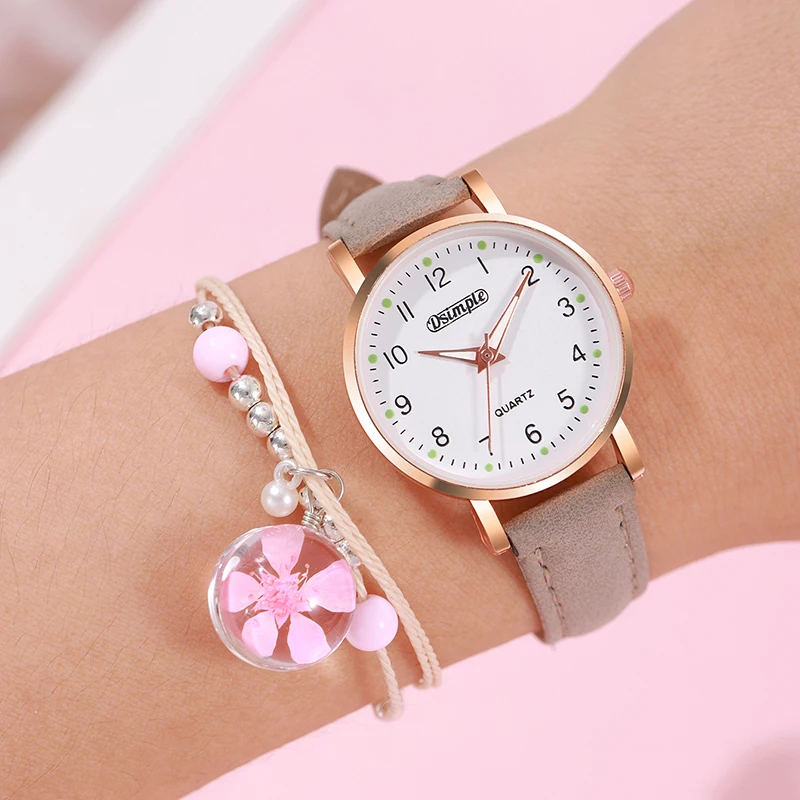 2PCS Women Watches Bracelet Set Girls Gift Fashion Leather Quartz Watch Student Trendy with Bracelet for Womens Reloj Mujer