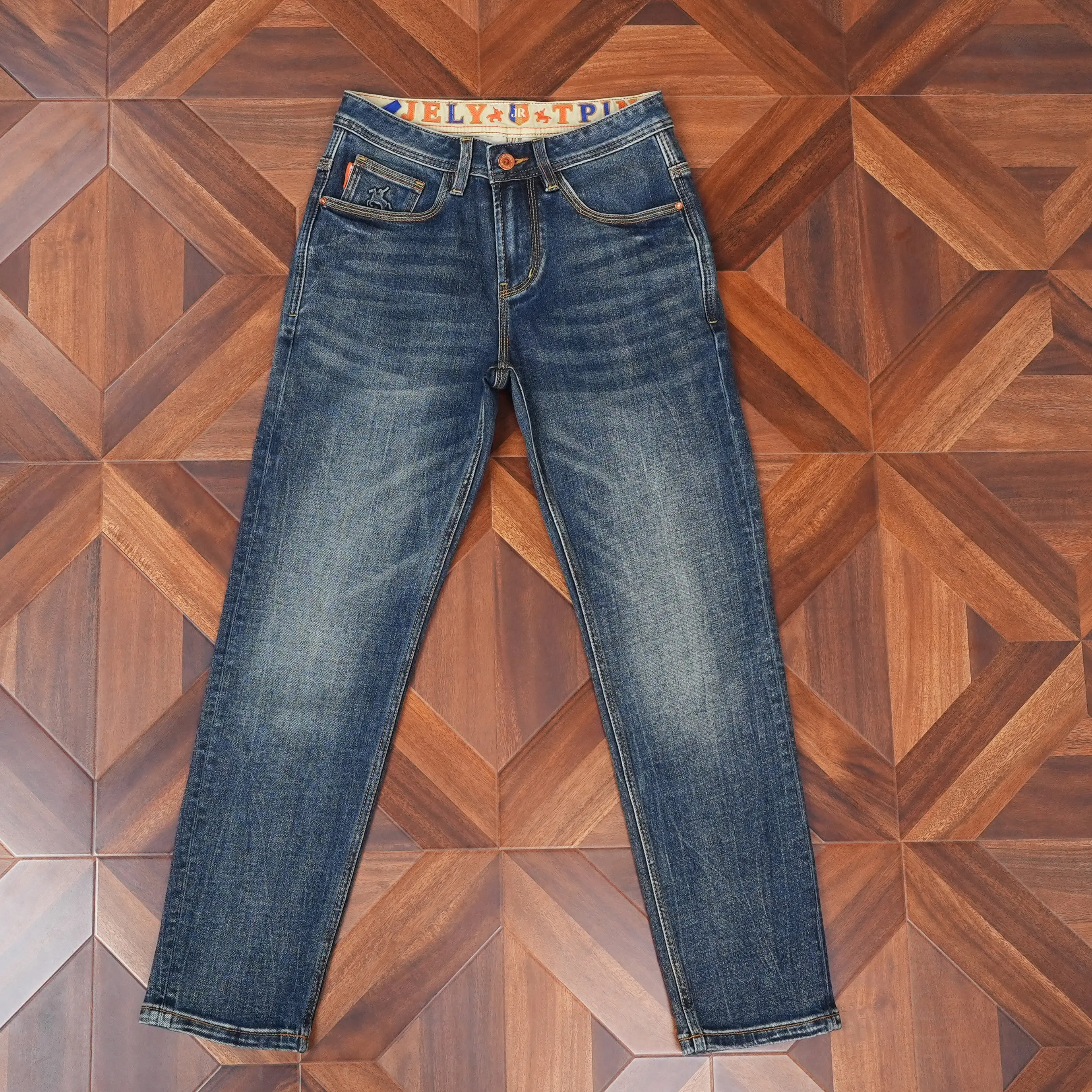 Premium Heavy Washed Men's Denim Jeans for Autumn | Classic Deep Blue Slim Straight Leg Cut | Effortlessly Sophisticated Style