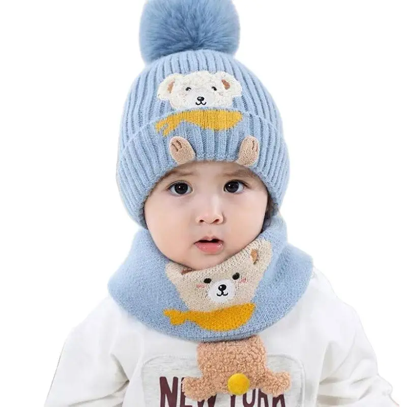 Doitbest Baby Kids Beanie Sets Cute Cartoon Bear 2 pcs 2022 Boys Girls Winter Villus Hat Scarf Set Age for 1 to 4 Years old Kid