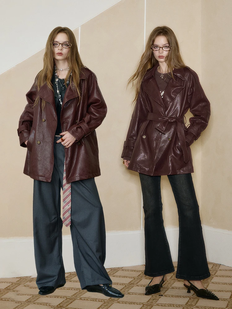 Ele Bury Texture Long Women's Leather Jaet Waist-Cinching Outerwear by Elf Sa Vintage Sle Mid-Length Coat