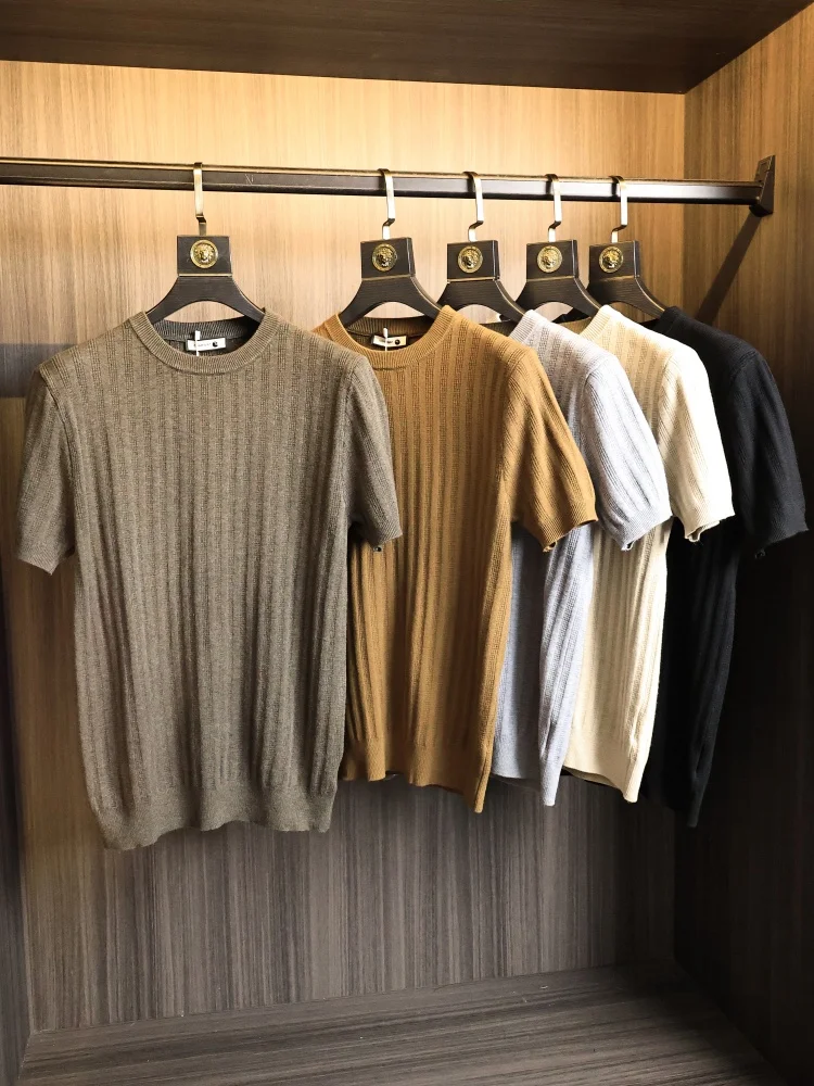 Italian Luxury Texture Knitwear Short Sleeve round Neck Men's Soft Fashion Urban Style Autumn Casual Basic Style Pure Color