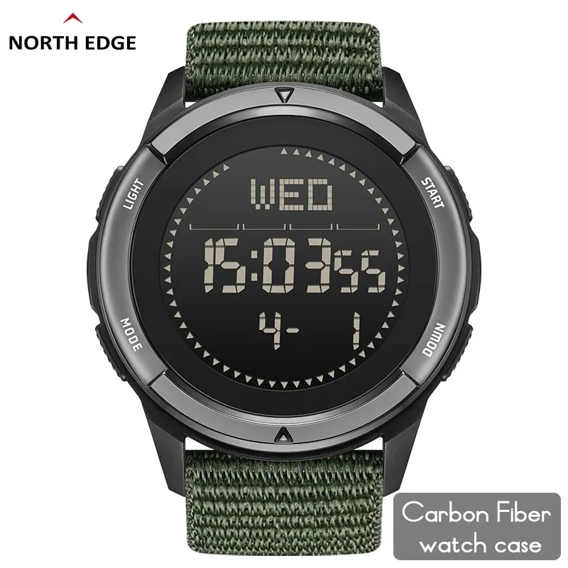 NORTH EDGE Men\'s Digital Carbon Fiber Watch Shock Militray Sports Super Light Outdoor Fun Compass Waterproof 50m Wristwatches