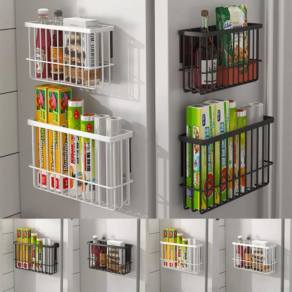 

Настенная магнитная корзина для хранения, многофункциональная магнитная боковая стойка для хранения в холодильнике, черный, белый цвет, без дрели